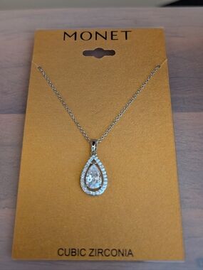 Monet Silver Teardrop Necklace with Clear Stones